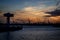 Hamburg port on sunset. Carnes silhouette