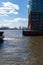 hamburg ship navigating bridge chimney fumes at docks of fishmarket details and blue sky