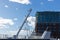 hamburg ship navigating bridge chimney fumes at docks of fishmarket details and blue sky