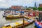 Hamburg skyline, harbor with boats