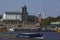 Hamburg - St. Pauli jetties and television tower with freighter