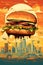 Hamburger against the backdrop of an animated city. Cartoon