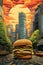 Hamburger against the backdrop of an animated city. Cartoon