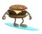 Hamburger with arms and legs surfing