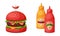 Hamburger Bun with Grilled Patty Cake and Mustard with Ketchup in Bottle as Fast Food Vector Set