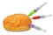 Hamburger bun with a syringes full of chemicals. Genetic Food Modification, concept. 3D rendering