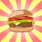Hamburger or Burger with salad, cheese, beef meat cutlet and tomatoes. Cartoon-styled Fast Food -tasty Cheeseburger.