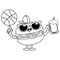 Hamburger cartoon with a basketball and a beer. Vector black and white coloring page