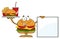 Hamburger Cartoon Character Holding A Platter With Burger, French Fries And Soda By Blank Sign