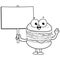 Hamburger character holding a blank sign. Vector black and white coloring page