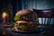 a hamburger with cheese and lettuce on a plate with a fork and a candle in the background with a lightning effect in the