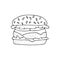 Hamburger,cheeseburger.Bun with cutlet,cheese,lettuce,tomato.Black and white hand drawn vector illustration isolated on white ba