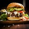 Hamburger, cheeseburger, chicken burger, burger with lettuce, cheese, bacon, pickle, tomato, sauce, onion, avocado. Wooden board,