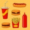 Hamburger, cheeseburger, ketchup, french fries, drink and hot dog