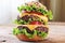 Hamburger closeup on a wooden kitchen table