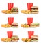 Hamburger collection set cheeseburger and fries menu meal combo