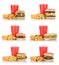 Hamburger collection set cheeseburger and fries menu meal combo