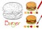 Hamburger coloring page for the book with examples of coloring with a pencil and paints. Hand drawn style. Five color