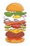 Hamburger concept ingredients. Bun, salad, tomato, cheese, cutlet, egg, bacon, mushrooms, onion, ketchup. Colorful hand