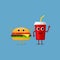 Hamburger and cup of soda characters with smiling human face isolated on blue background. Funny fast food