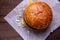 Hamburger, details of two gourmet double burgers, on wooden background, selective focus