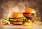 Hamburger and Double Cheeseburger with fries rotated on wooden table background. Cheeseburgers on fresh buns with succulent beef