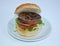 Hamburger double patty with lettuce and tomato served on plate