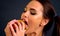 Hamburger eating contest. Woman eat with appetite .