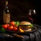 Hamburger on an elegant plate accompanied by cheese, tomatoes and wine