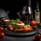 Hamburger on an elegant plate accompanied by cheese, tomatoes and wine