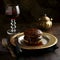 Hamburger on an elegant plate accompanied by wine