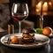 Hamburger on an elegant plate accompanied by wine