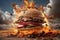 Hamburger explosion. Grilled meal bun