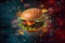 A hamburger flying on black background with Ai Generated