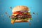 hamburger flying on blue background, neural network generated photorealistic image