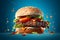 hamburger flying on blue background, neural network generated photorealistic image