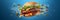 hamburger flying on blue background, neural network generated photorealistic image