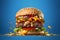 hamburger flying on blue background, neural network generated photorealistic image