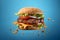 hamburger flying on blue background, neural network generated photorealistic image