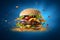 hamburger flying on blue background, neural network generated photorealistic image