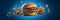 hamburger flying on blue background, neural network generated photorealistic image