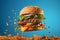 hamburger flying on blue background, neural network generated photorealistic image