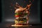 Hamburger with flying ingredients on black background. 3d rendering