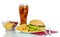 Hamburger, french fries, sauces, glass of cola and cutlery isolated.