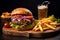 a hamburger and french fries on a wooden board with a drink