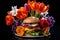 Hamburger with fresh tulip flowers