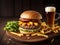 Hamburger With Fries And Beer On wooden Plate In Rustic Background