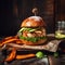 Hamburger with grilled chicken, avocado, and sweet potato on wooden background