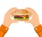 Hamburger holding in hand, Eating fast food concept.