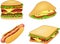 Hamburger, hot dog, sandwich and pitta with cheese, tomato, meat